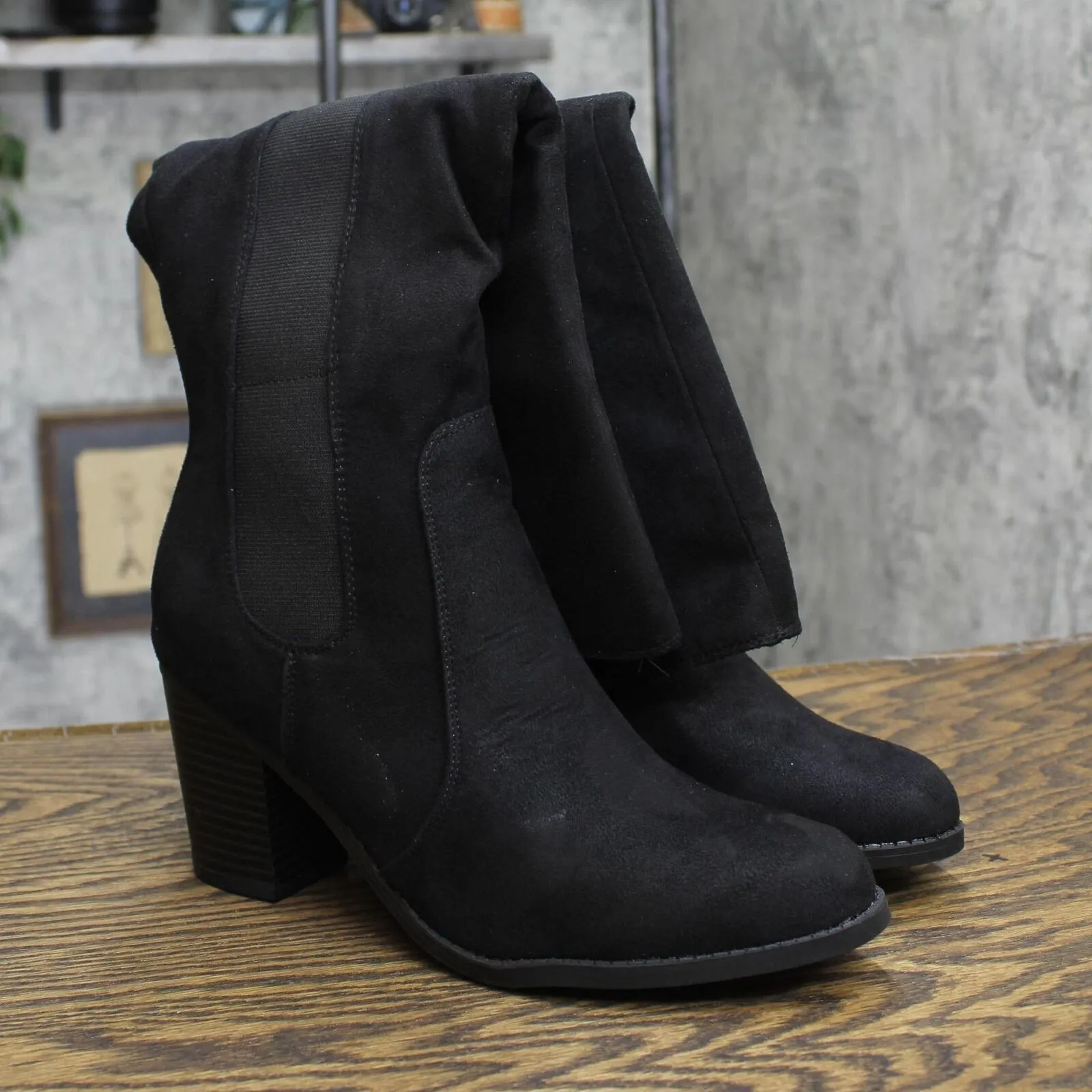 Sugar Womens Trendy Riding Boots Heeled Knee High Boot Black Oil Fabric 9M