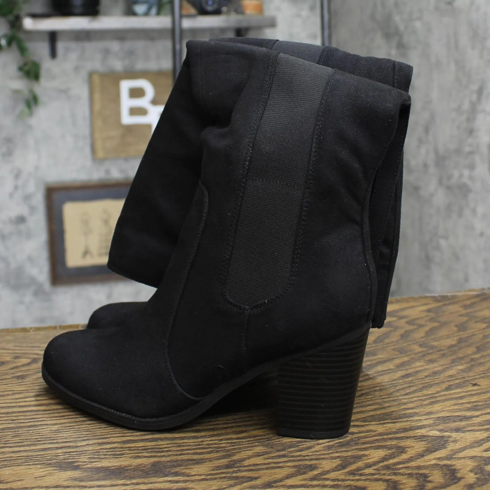 Sugar Womens Trendy Riding Boots Heeled Knee High Boot Black Oil Fabric 9M
