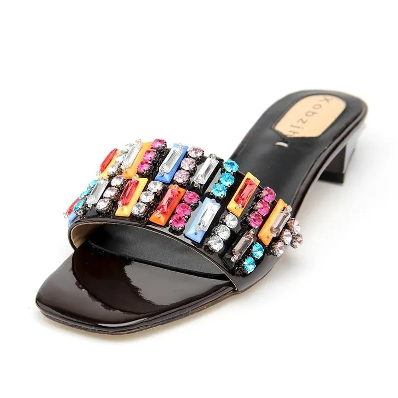 Summer Flat Sandals Women Shoes Luxury  Brand Black Red Yellow Rhinestone designer Sandals Leather Slippers Shoes Woman