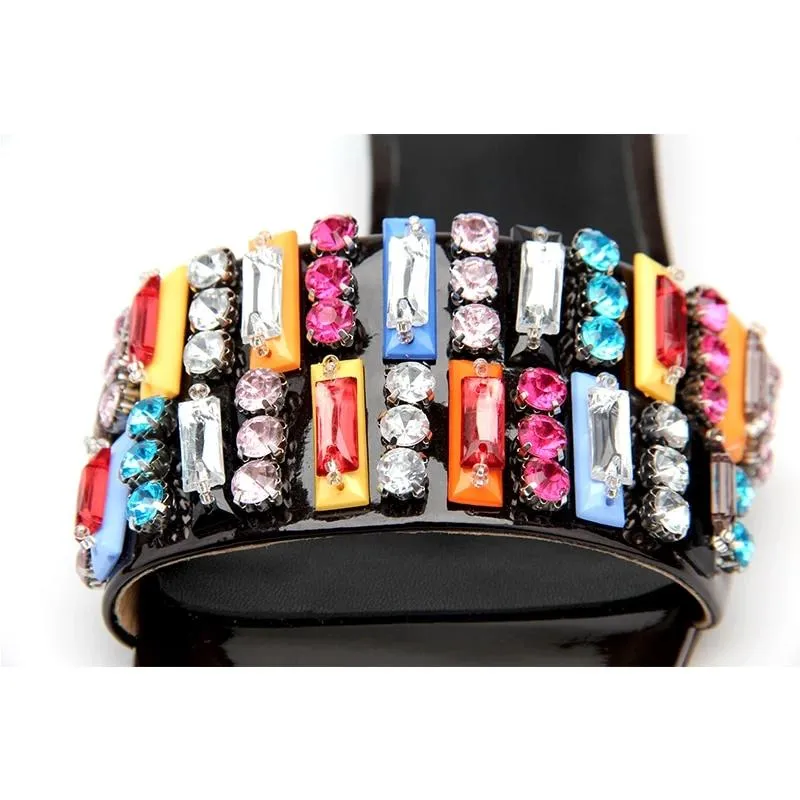 Summer Flat Sandals Women Shoes Luxury  Brand Black Red Yellow Rhinestone designer Sandals Leather Slippers Shoes Woman