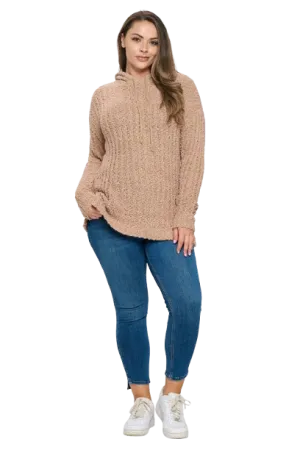 Taupe Plus Size Ribbed Popcorn Knit Tunic Hoodie Sweater - Pack of 6