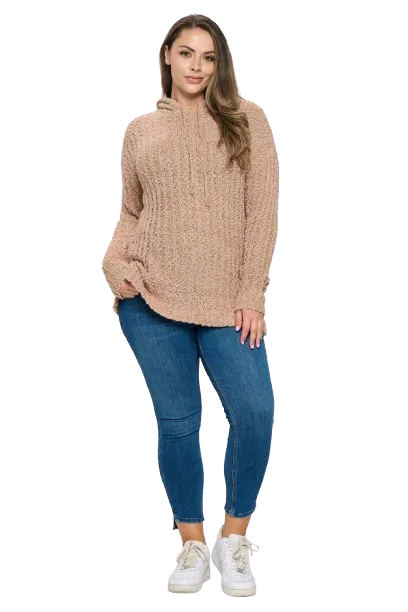Taupe Plus Size Ribbed Popcorn Knit Tunic Hoodie Sweater - Pack of 6