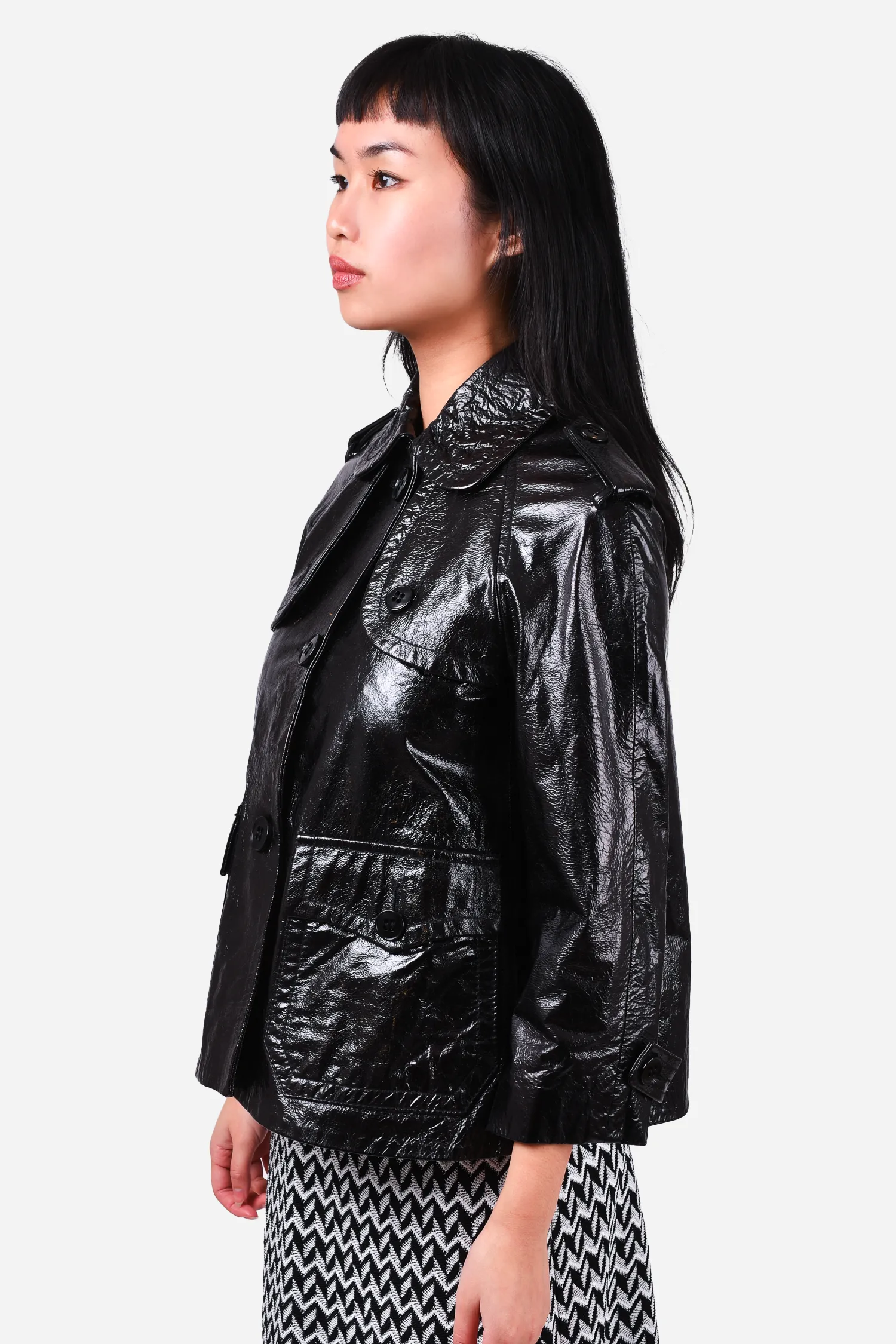Theory Black Patent Leather Cropped Peacoat Size S