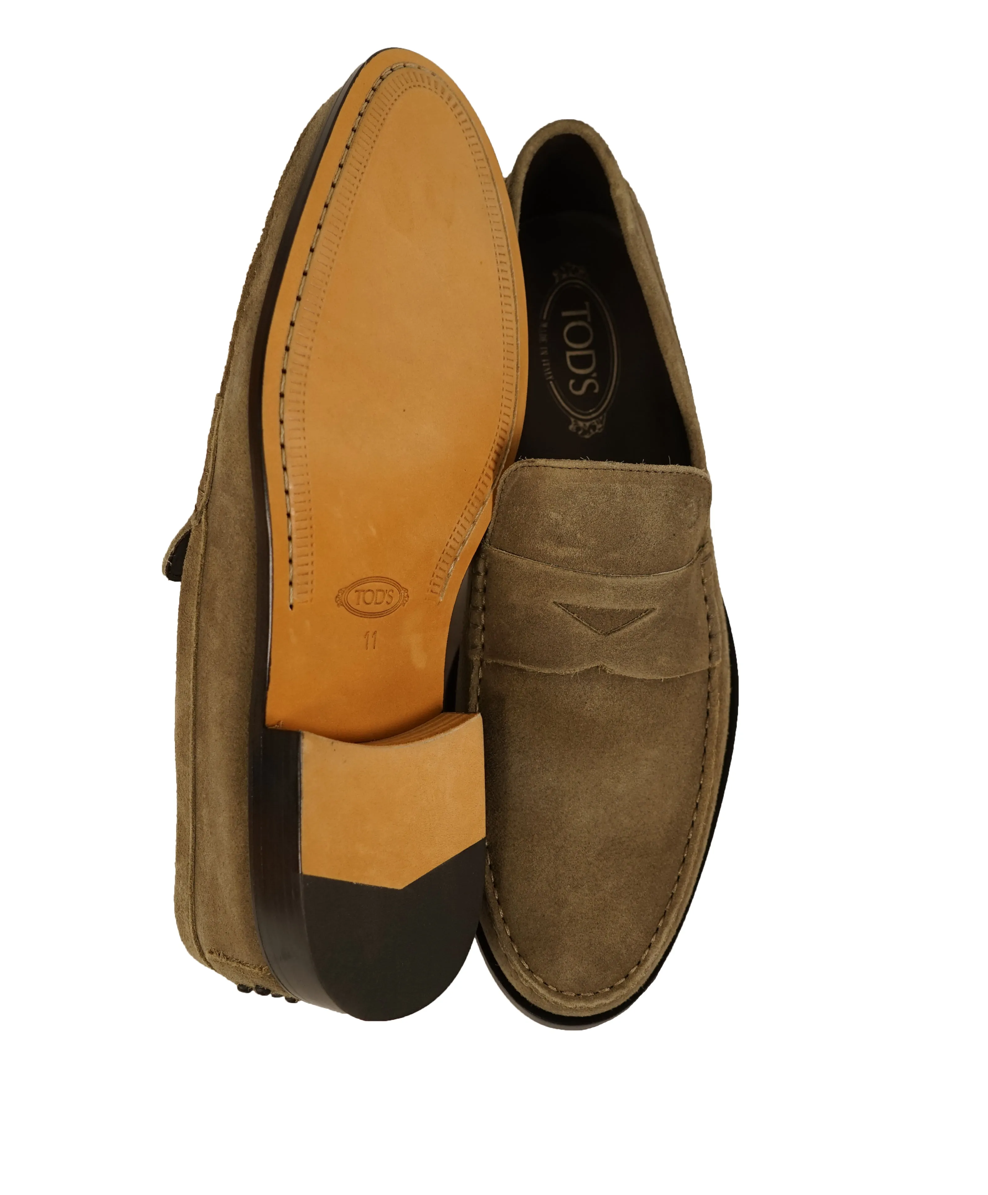 TOD’S -Brown Distressed Suede Penny Loafers “Boston” “Devon” Leather Sole - 12