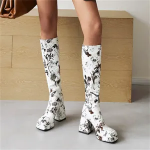 Trendy Colorful Floral Printed Thick Heel Long Boots