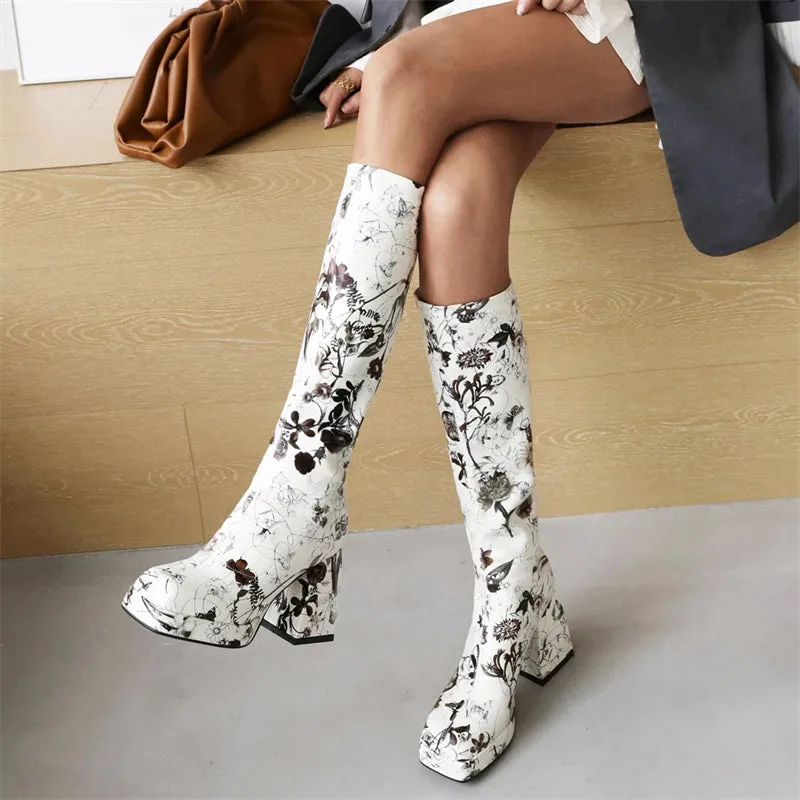 Trendy Colorful Floral Printed Thick Heel Long Boots