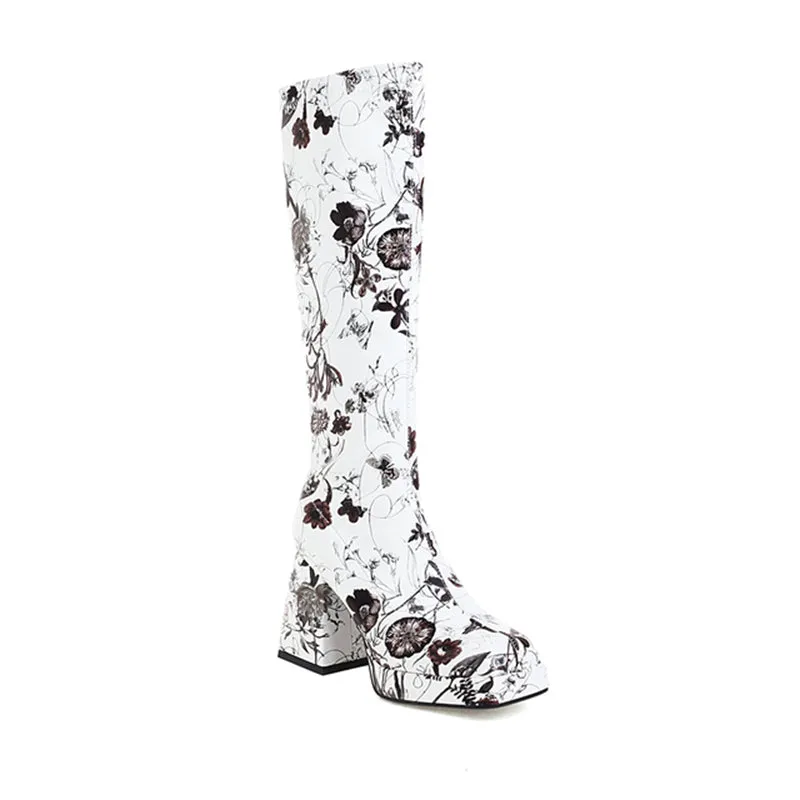 Trendy Colorful Floral Printed Thick Heel Long Boots