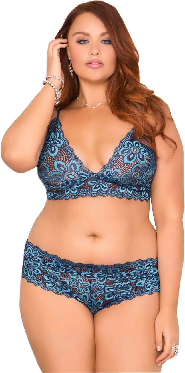 Turquoise Blue Stretch Lace Bralette and Panty Set