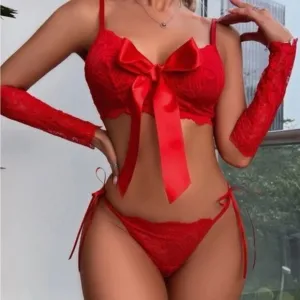 Valentine’s Day Bow Decor Red Lace Lingerie Set  ❤️