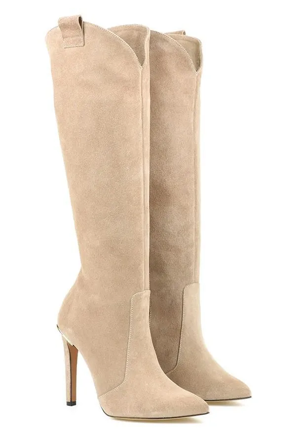 Valmira | Womens Knee High Stiletto Boots in Leather or Suede High Heel Dress Boots for Night Out & Statement Outfits
