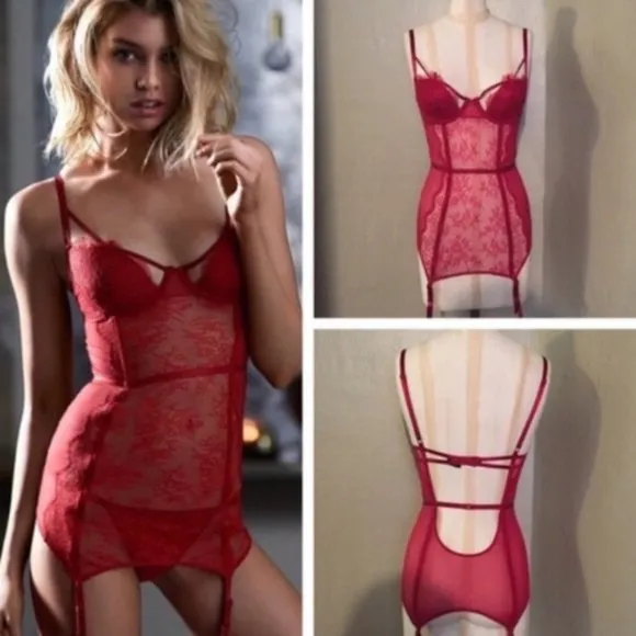 Victoria's Secret Red Corset Garter Slip Lace