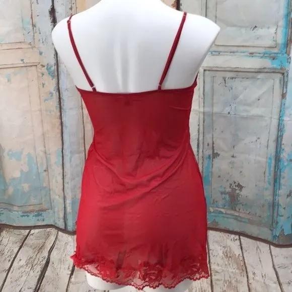 Victorias Secret Womans Medium Red Lace Mesh Sheer Lingerie Spaghetti Strap