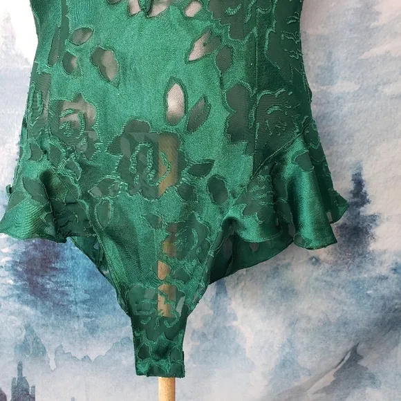 VTG Victoria's Secret Green Floral Lace Mesh Bodysuit