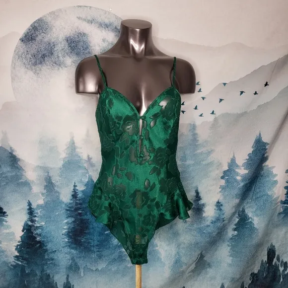 VTG Victoria's Secret Green Floral Lace Mesh Bodysuit
