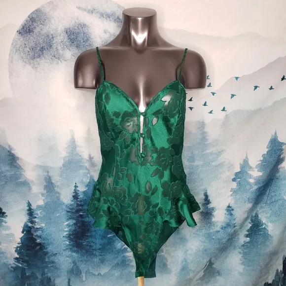 VTG Victoria's Secret Green Floral Lace Mesh Bodysuit