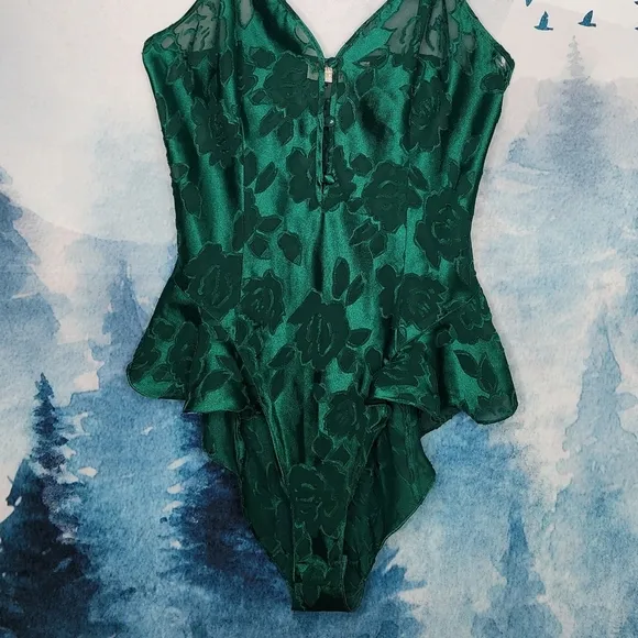 VTG Victoria's Secret Green Floral Lace Mesh Bodysuit
