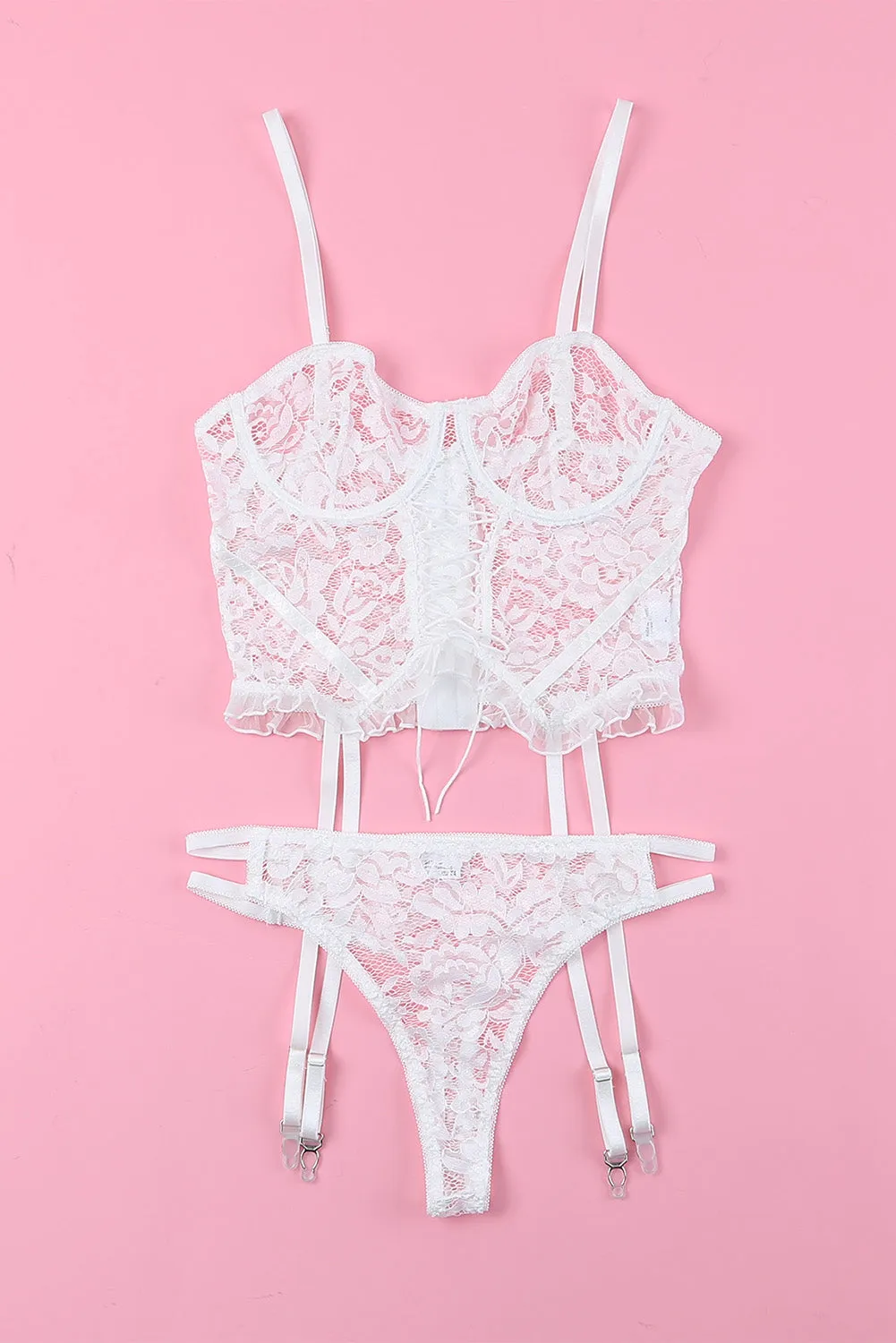 White Lace Criss Cross Lace-Up Ruffled Two-Piece Lingerie Set