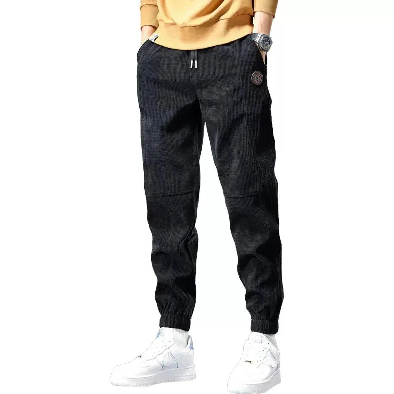 Winter Black Sport Casual Baggy Plaid Corduroy Pants - Men's Streetwear Fashion Elastic Waist Joggers Trousers