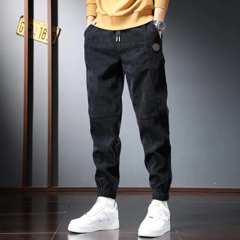 Winter Black Sport Casual Baggy Plaid Corduroy Pants - Men's Streetwear Fashion Elastic Waist Joggers Trousers