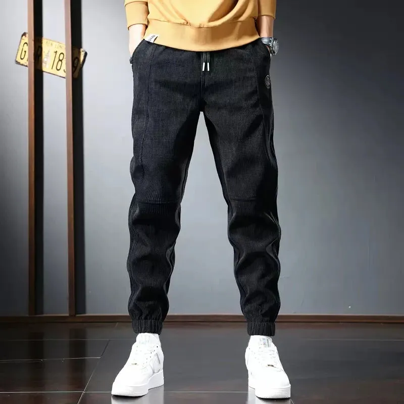 Winter Black Sport Casual Baggy Plaid Corduroy Pants - Men's Streetwear Fashion Elastic Waist Joggers Trousers