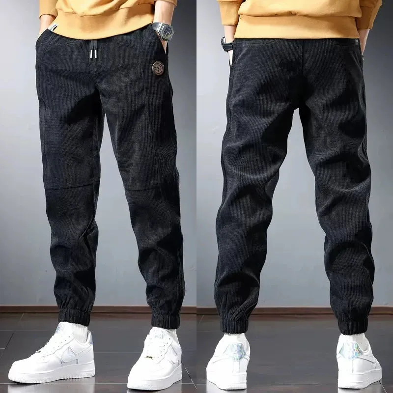 Winter Black Sport Casual Baggy Plaid Corduroy Pants - Men's Streetwear Fashion Elastic Waist Joggers Trousers