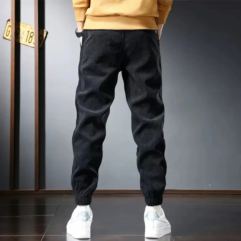 Winter Black Sport Casual Baggy Plaid Corduroy Pants - Men's Streetwear Fashion Elastic Waist Joggers Trousers