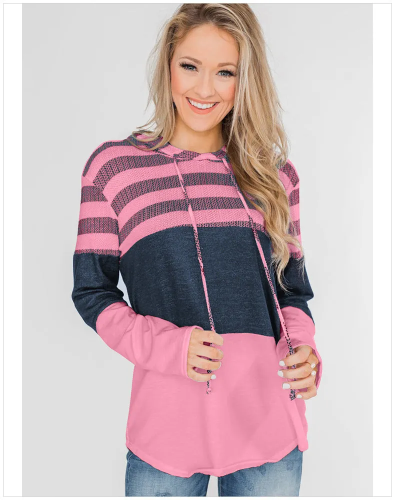 Women Contrast Color Loose Long Sleeve Hooded Hoodie Sweater