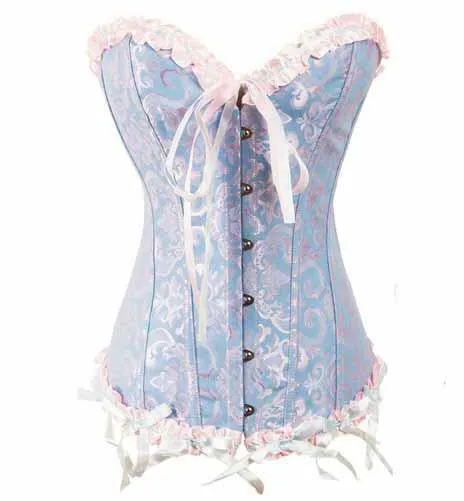 Women Lace up Ribbon Lingerie Bustiers Black Embroidered Satin Overbust Corset   Thong Bustiers Corcelet Plus Size S-6XL