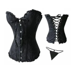 Women Lace up Ribbon Lingerie Bustiers Black Embroidered Satin Overbust Corset   Thong Bustiers Corcelet Plus Size S-6XL