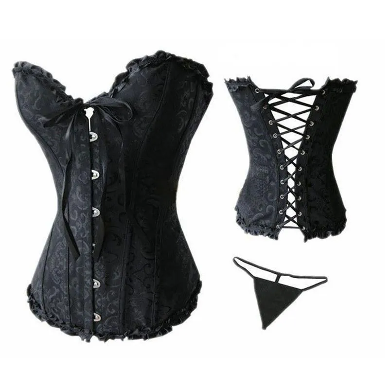 Women Lace up Ribbon Lingerie Bustiers Black Embroidered Satin Overbust Corset   Thong Bustiers Corcelet Plus Size S-6XL