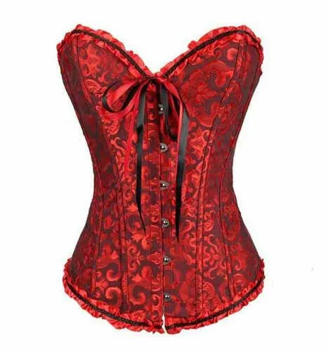 Women Lace up Ribbon Lingerie Bustiers Black Embroidered Satin Overbust Corset   Thong Bustiers Corcelet Plus Size S-6XL