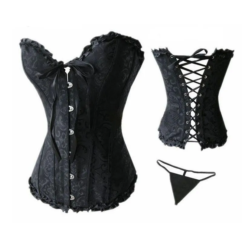 Women Lace up Ribbon Lingerie Bustiers Black Embroidered Satin Overbust Corset   Thong Bustiers Corcelet Plus Size S-6XL