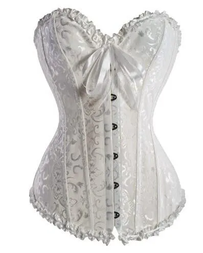 Women Lace up Ribbon Lingerie Bustiers Black Embroidered Satin Overbust Corset   Thong Bustiers Corcelet Plus Size S-6XL