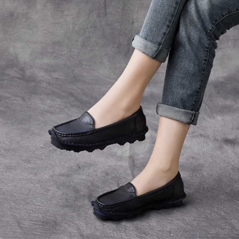 Women Retro Leather Handcraft Lug Sole Loafers