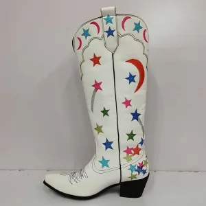 Women Stars Embroidered Cowboy Boots Trendy Chunky Knee High Cowgirl Boots