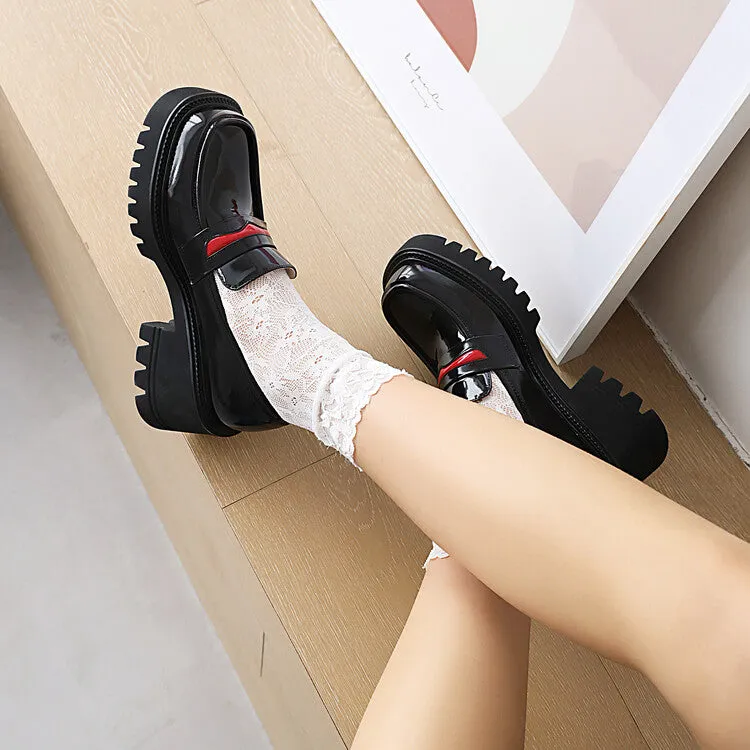 Women's Square Toe Shallow Block Chunky Heel Platform Slip-On Loafers