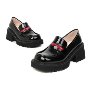 Women's Square Toe Shallow Block Chunky Heel Platform Slip-On Loafers