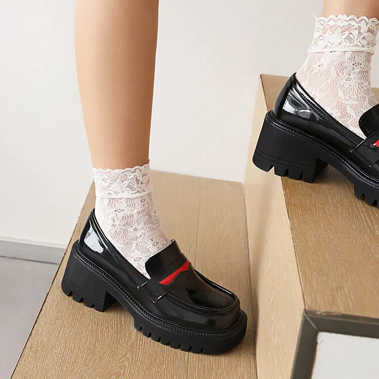 Women's Square Toe Shallow Block Chunky Heel Platform Slip-On Loafers