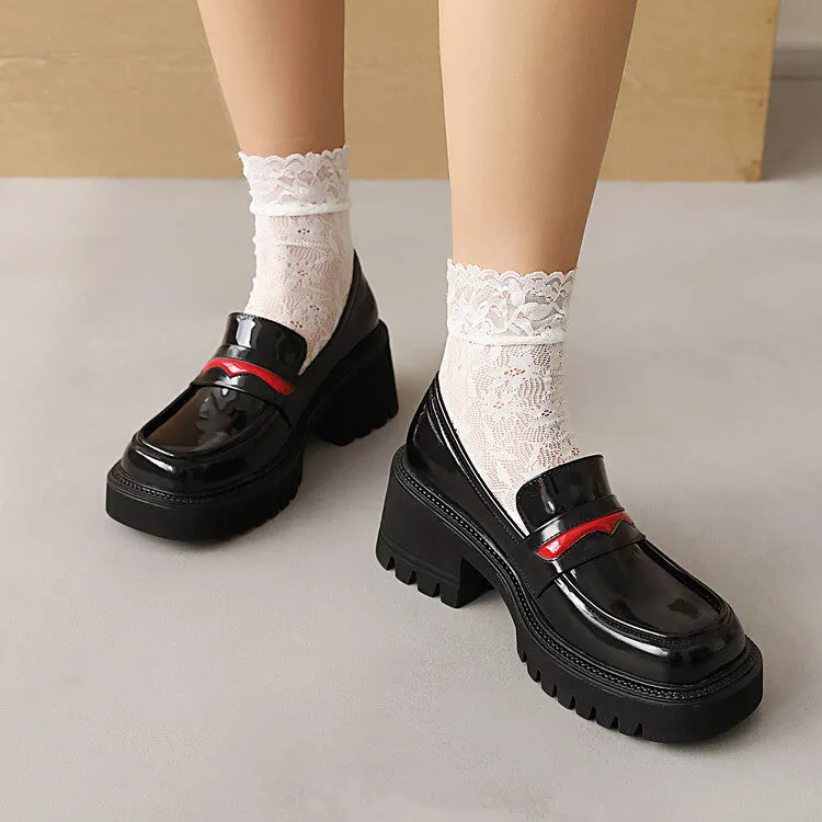 Women's Square Toe Shallow Block Chunky Heel Platform Slip-On Loafers