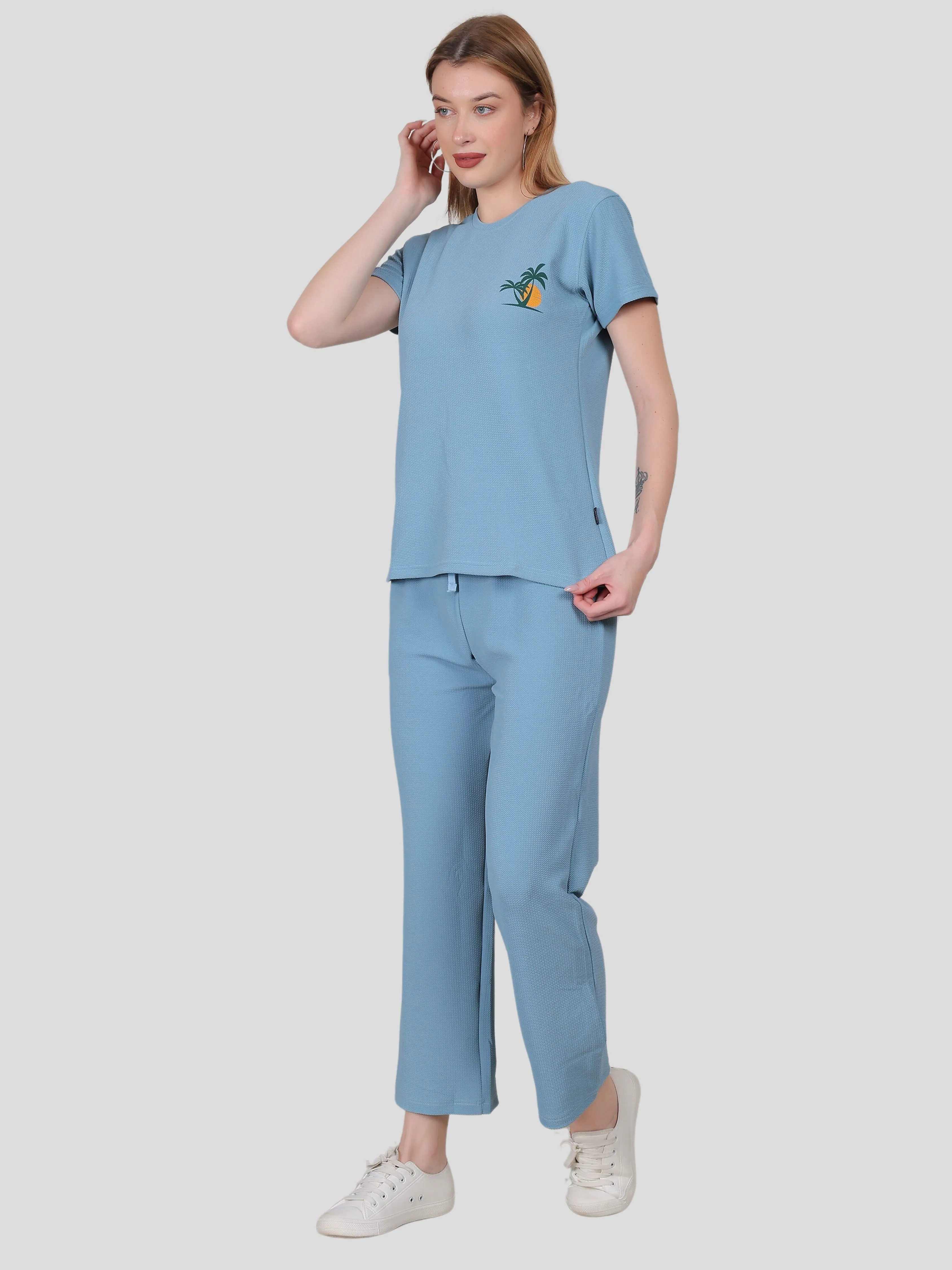 YOUTH ROBE Women's Loungewear Set , Co-Ord Set, Knit T-Shirt and Pants (Sky Blue)